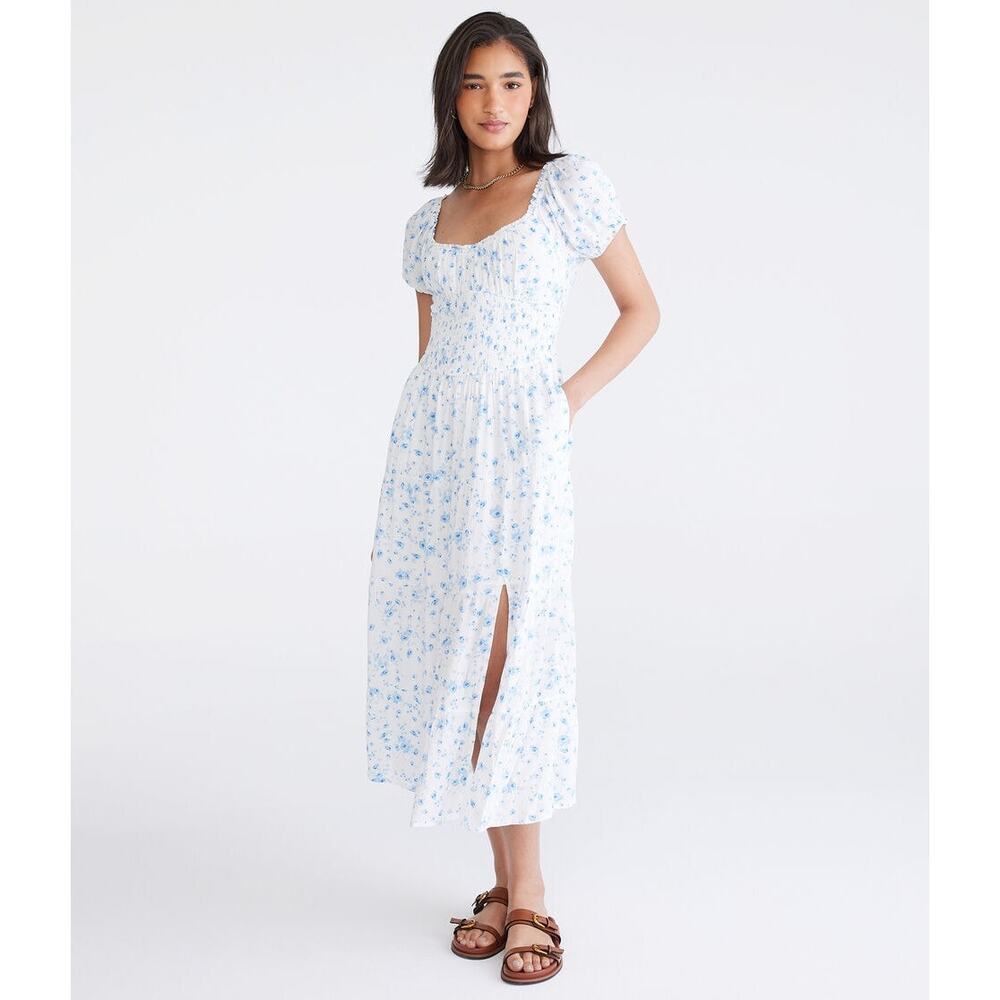 Aeropastale Floral Scoop-Neck Midi‎ Dress Womens L Front Slit Cap Sleeves NWT